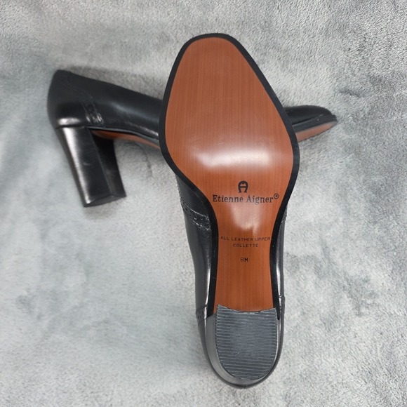 Etienne Aigner Brogue Cap-Toe Block‎ Heel Pump Black  Leather Women's Size US 8M - Picture 7 of 8